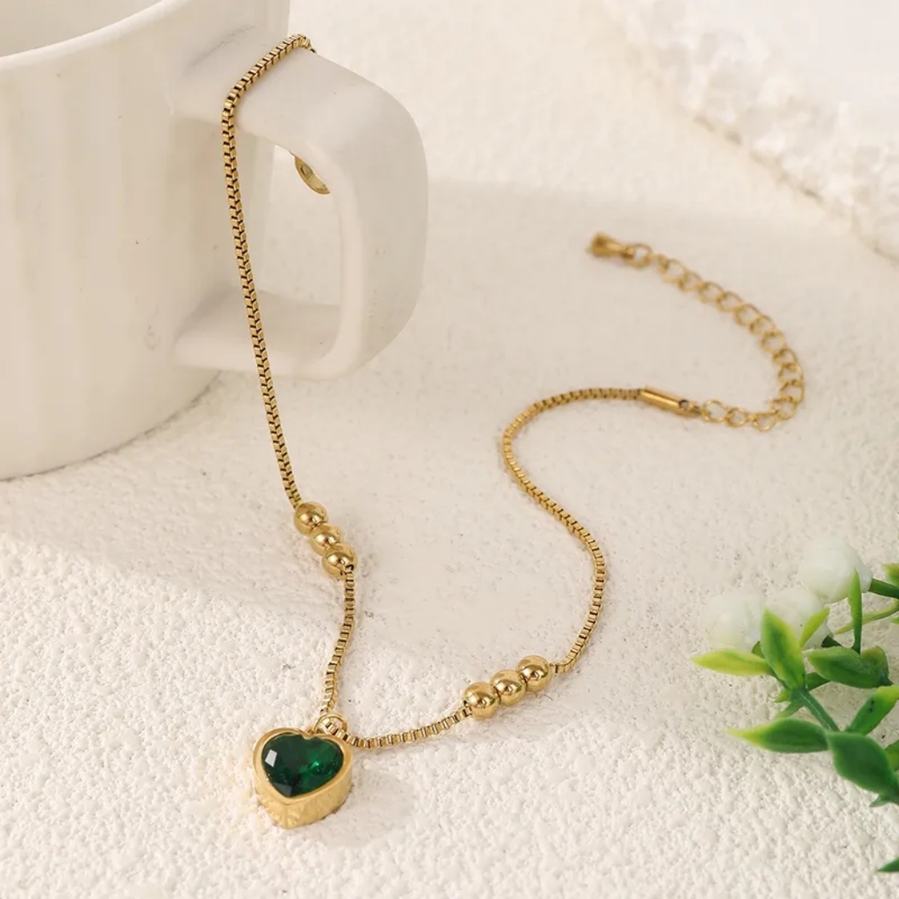 Gold Plates Beaded Anklet Bracelet with Emerald Green Heart Charm - Picture 12 of 14